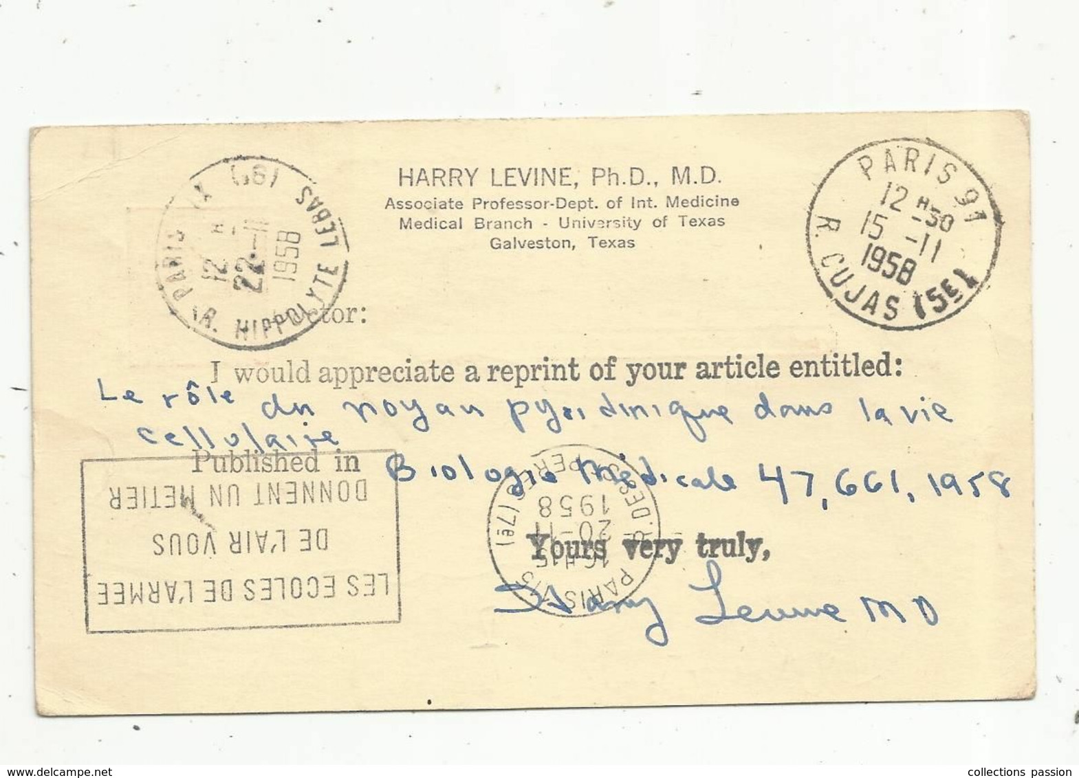 JC, Post Card , Entier Postal , Etats Unis , GALVESTON , TEXAS, EMA , 1958 , PARIS 15 E ,17 E, 9 E , Harry Levine - 1941-60