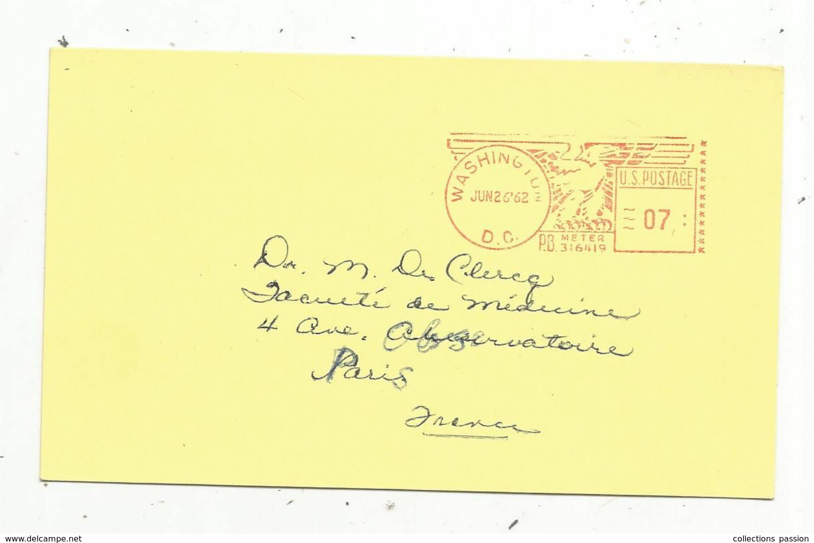 JC, Post Card , EMA , Etats Unis , WASHINGTON , D.C. , 07 , 1962 , Associate Professer Of Pharmacology - Poststempel