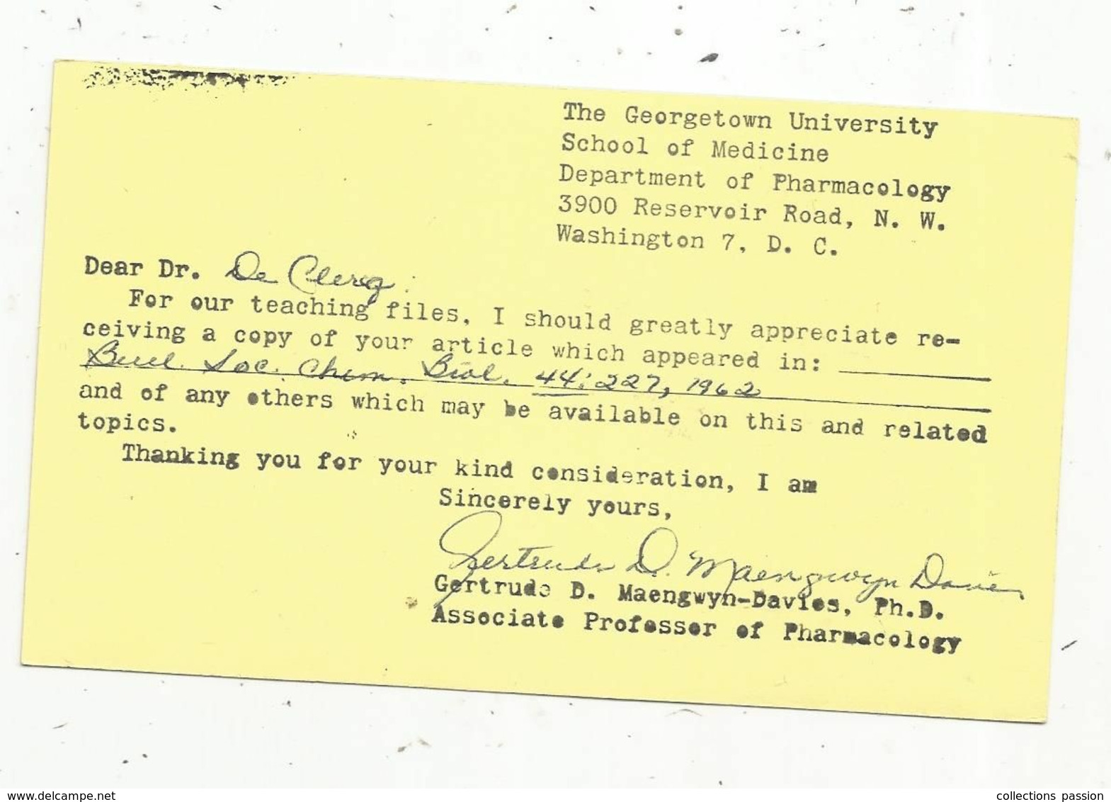 JC, Post Card , EMA , Etats Unis , WASHINGTON , D.C. , 07 , 1962 , Associate Professer Of Pharmacology - Marcophilie