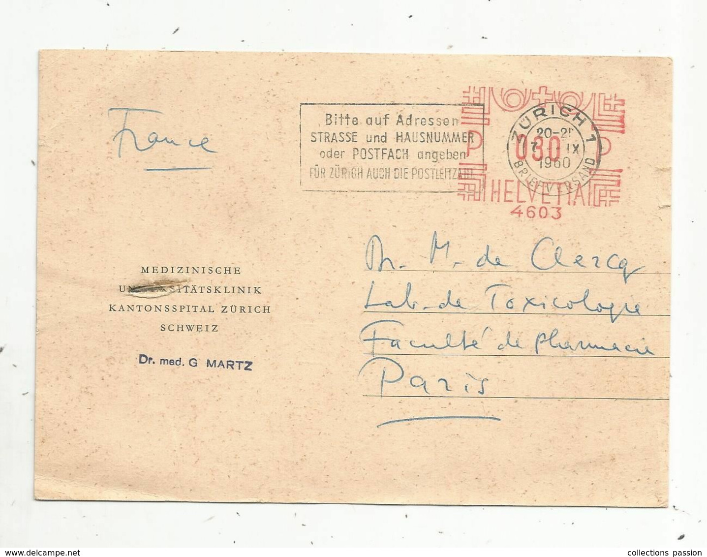 JC, Carte Postale , EMA , Suisse,  ZURICH 1 , 1960 ,  Flamme - Marcophilie