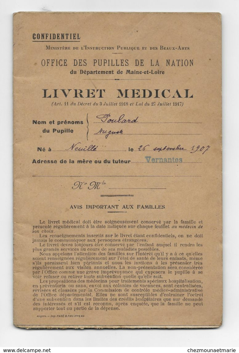 LIVRET MEDICAL OFFICE PUPILLES DE LA NATION MAINE ET LOIRE POULARD AUGUSTE NEUILLE 1907 VERNANTES - Documents Historiques