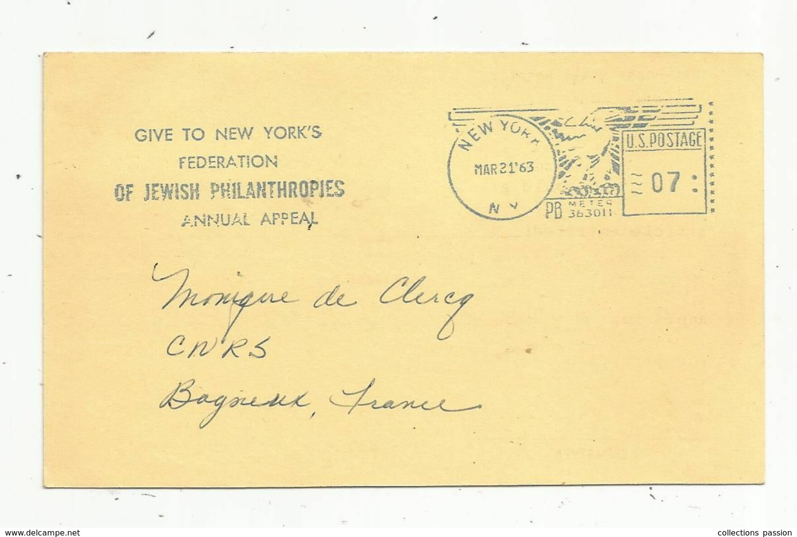 JC, Carte Postale , EMA , Etats Unis , NEW YORK ,N.Y. ,1963 , Give To New York's Federation Of JEWISH PHILANTHROPIES - Marcophilie