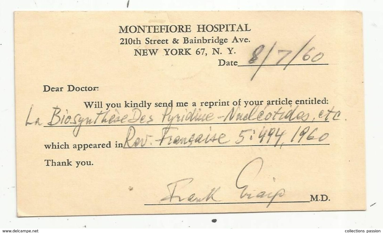 JC, Carte Postale , EMA , Etats Unis , NEW YORK ,N.Y. ,1960 , Montefiore Hospital - Marcophilie