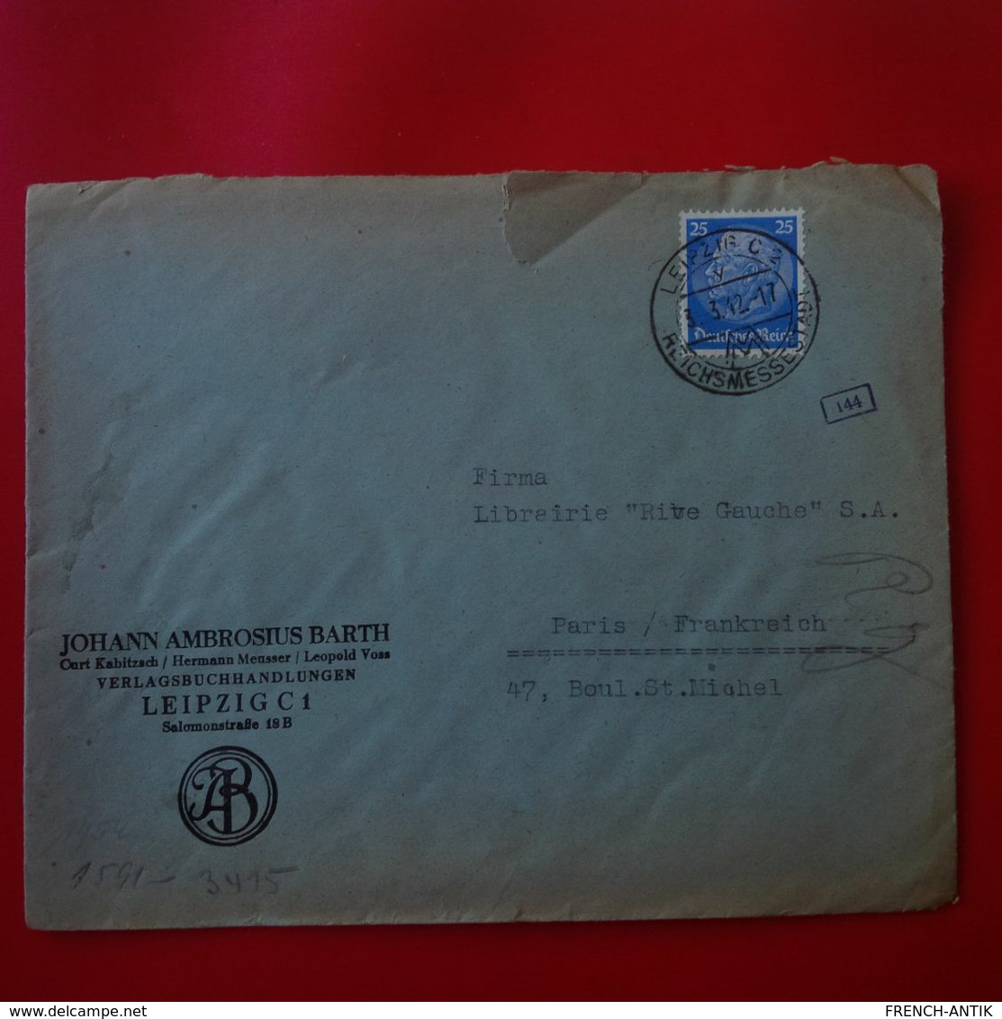 LETTRE LEIPZIG PARIS JOHANN AMBROSIUS BARTH CENSURE 1942 - Briefe U. Dokumente