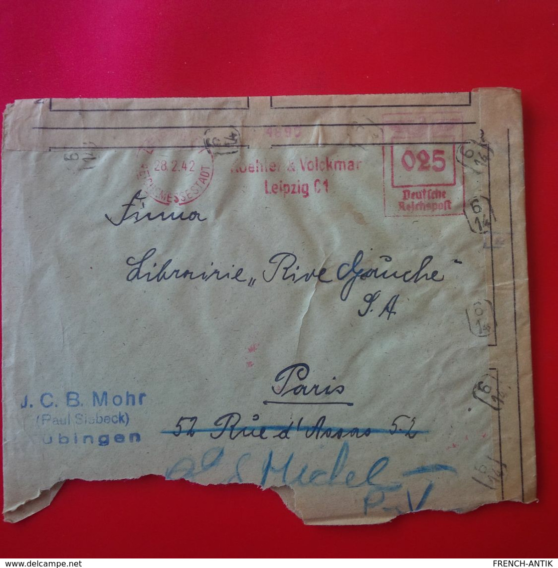 LETTRE PEIPZIG PARIS LIBRAIRIE RIVE GAUCHE D ART LOUIS REYNAUD CENSURE 1942 - Briefe U. Dokumente