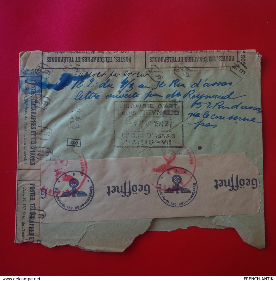 LETTRE PEIPZIG PARIS LIBRAIRIE RIVE GAUCHE D ART LOUIS REYNAUD CENSURE 1942 - Briefe U. Dokumente