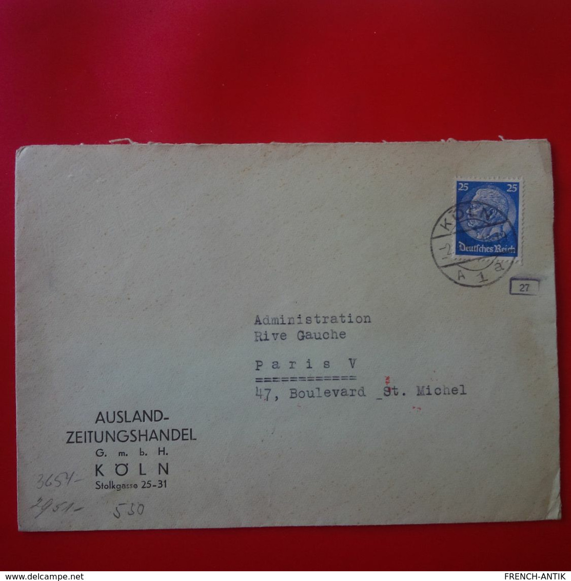 LETTRE KOLN AUSLAND ZEITUNGSHANDEL PARIS CENSURE 1942 - Briefe U. Dokumente