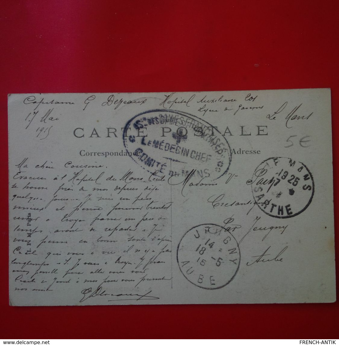 MARCOPHILIE CACHET LE MEDECIN CHEF COMITE DU MANS POUR JEUGNY AUBE - Military Postage Stamps