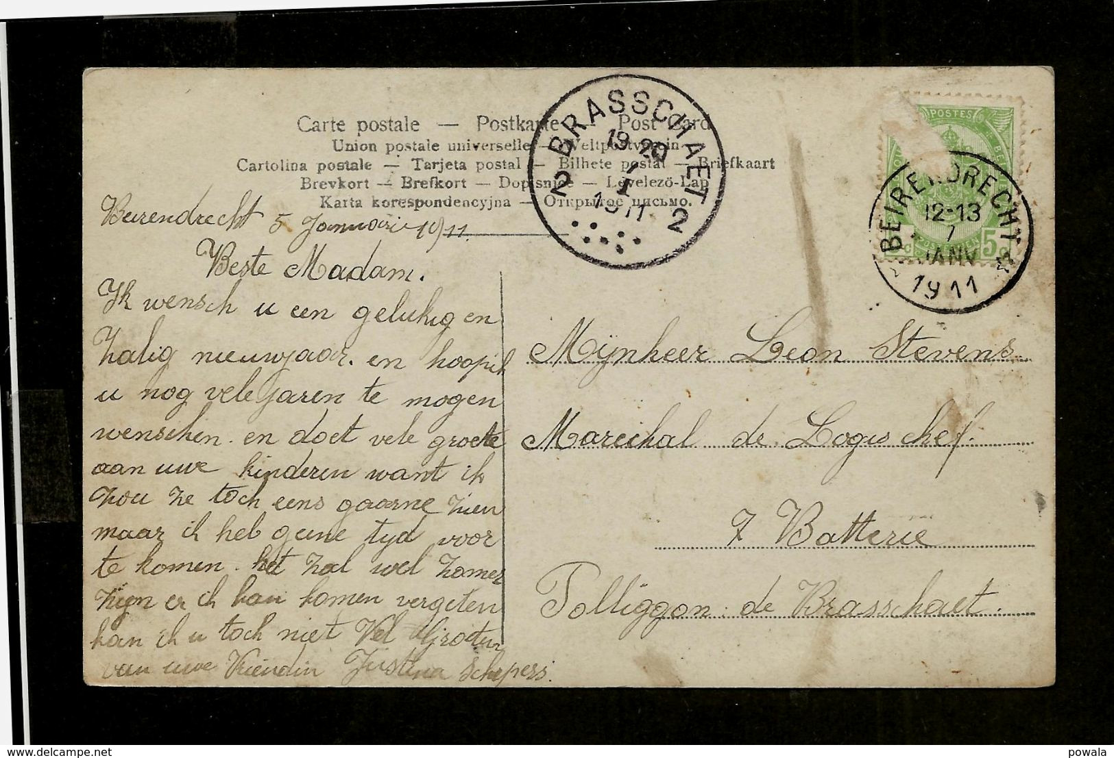 Relais Beirendrecht 7 JANV 1911 Sterstempel Op Kaart Naar Polygone Brasschaet (type T2L Cote COBA 8) - Sterstempels