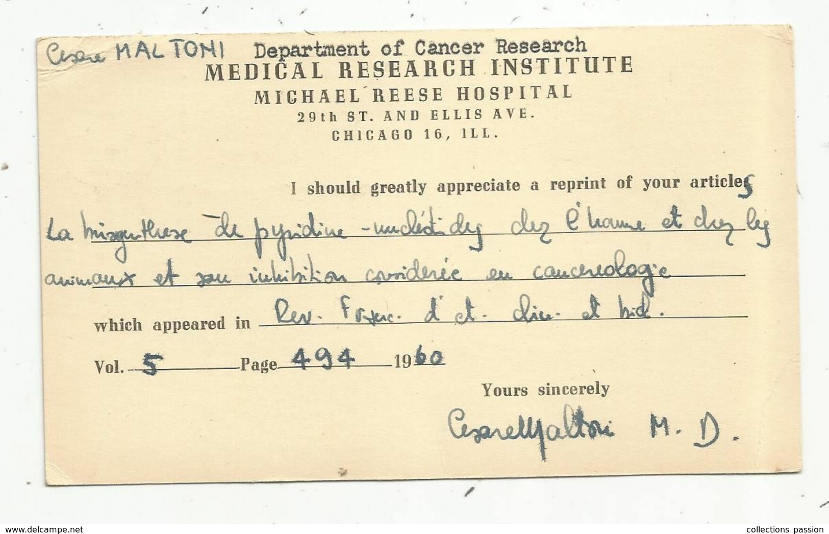 JC, Carte Postale, Entier Postal, EMA , Etats Unis , CHICAGO , ILL. , 1960 , Medical Research Institute - 1941-60