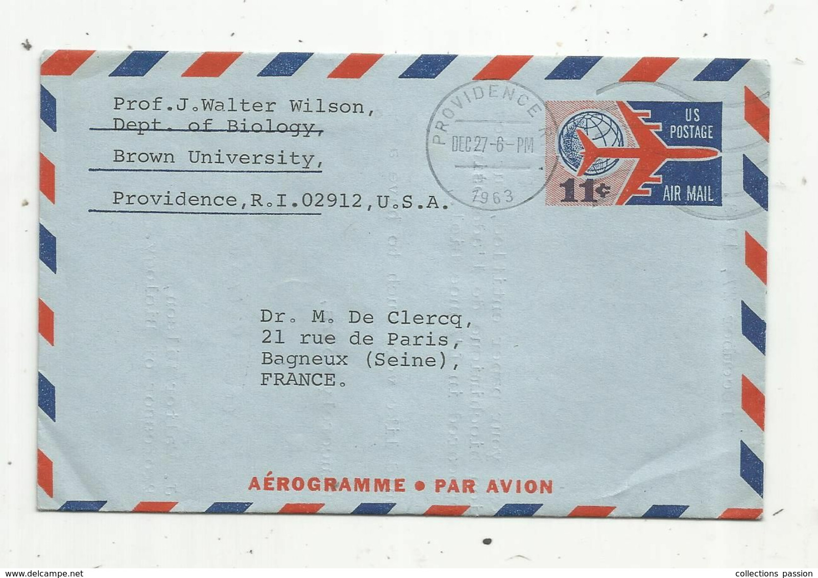 JC, LETTRE, Entier Postal, AIR MAIL , Etats Unis , PROVIDENCE , 1963 , Aerogramme - 1961-80