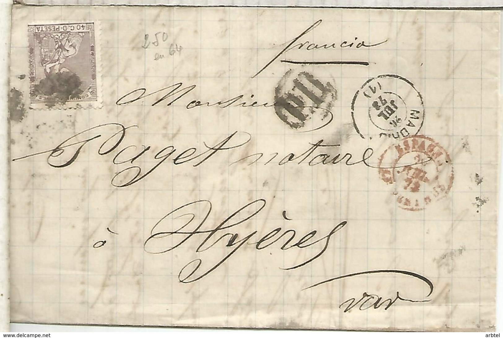I REPUBLICA 1873 CC DE MADRID A FRANCIA CON DIVERSOS MATASELLOS , AMBULANTES , CAMBIO, LLEGADA - Covers & Documents