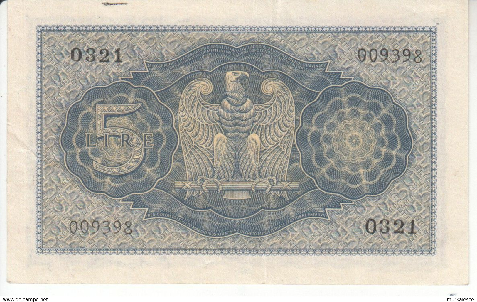 5998    ITALIA  5  LIRE  1944 - Italia – 5 Lire
