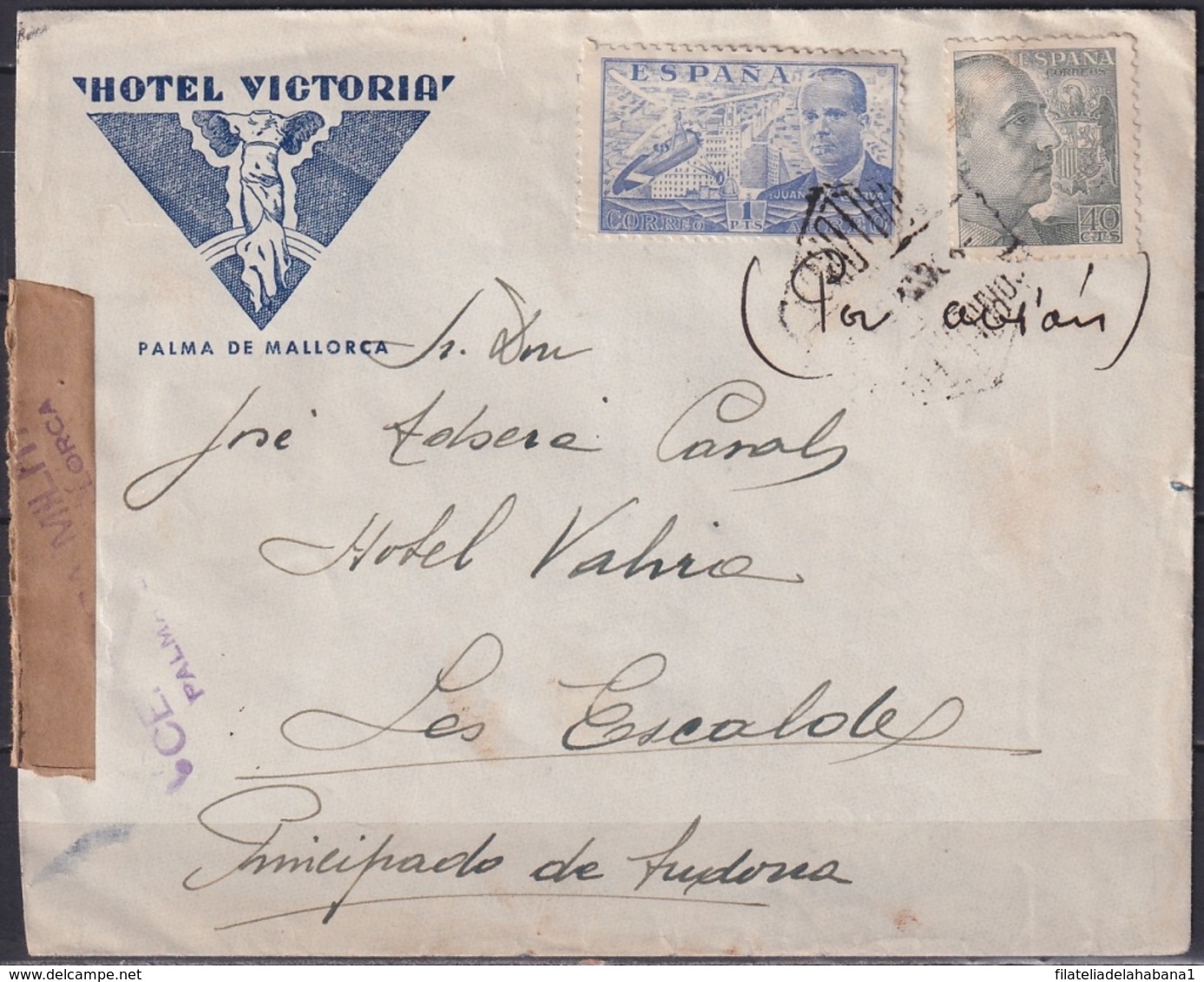 F-EX18898 ESPAÑA SPAIN 1945 SOBRE HOTEL VICTORIA PALMA MALLORCA CENSURADO CENSORSHIP ANDORRA - Brieven En Documenten