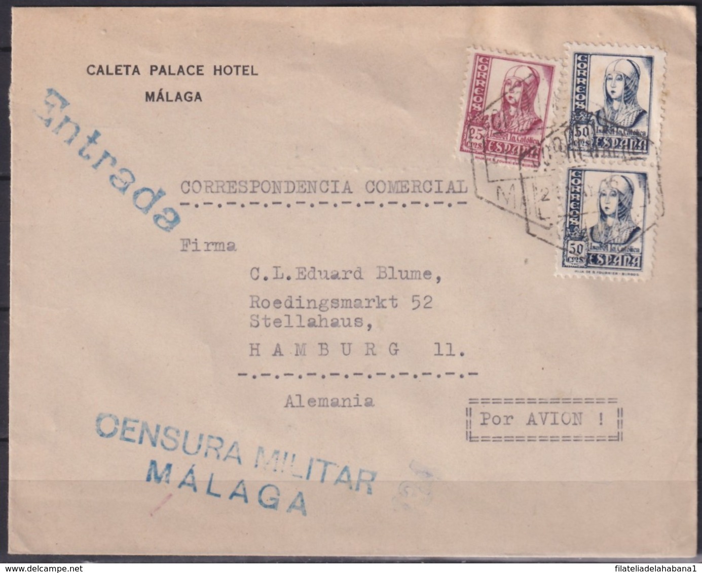 F-EX18951 ESPAÑA SPAIN 1944 SOBRE HOTEL CALETA PALACE MALAGA CENSORSHIP CENSURA MILITAR. - Lettres & Documents