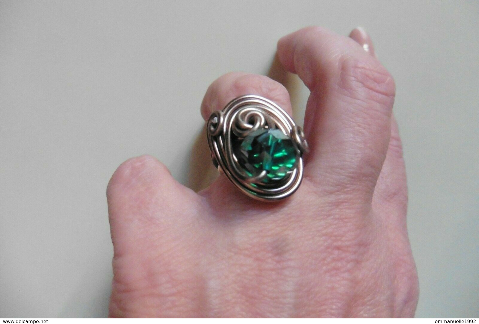 Bague Créateur Couleur Cuivrée Avec Perle En Cristal Swarovski Vert Facetté - Taille 54 - Ring