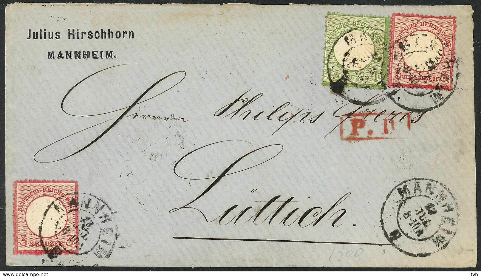 MANNHEM 23jul 1872 Nach  LUTTICH ( LIEGE)  Briefmarken Mi N° 7 + Mi N°9 (2) - Cartas & Documentos