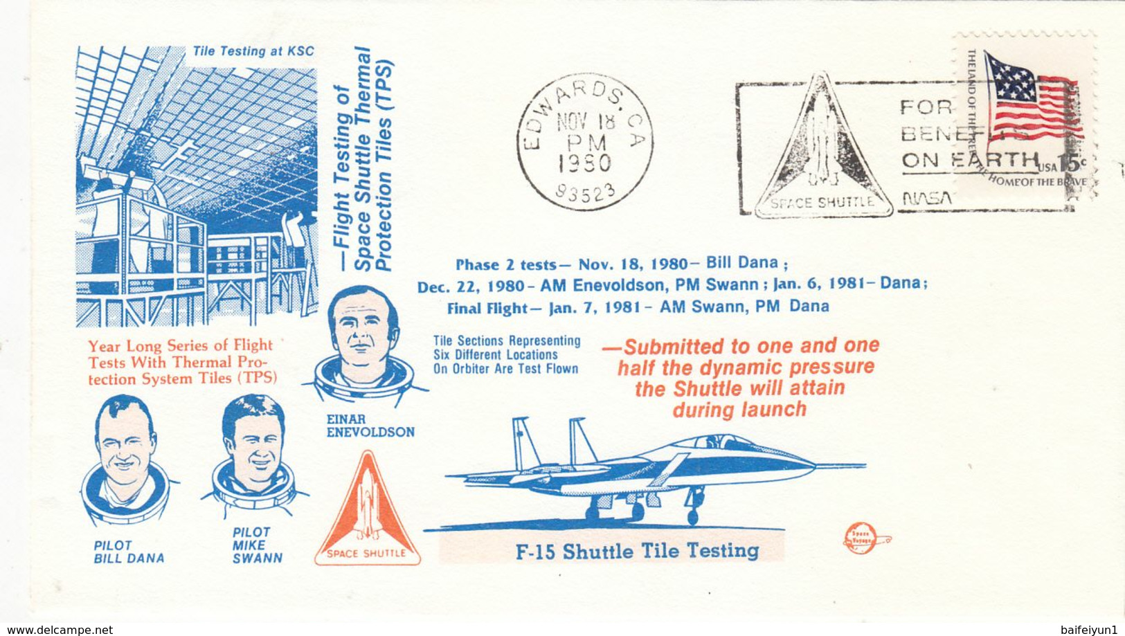 1980 USA  Space Shuttle Flight Testing Space Shuttle Thermal Protection Tiles Commemorative Cover - Nordamerika