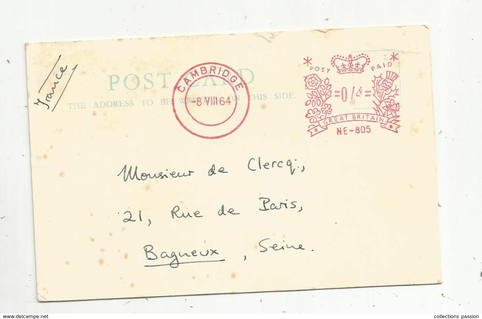 JC, Carte Postale,  EMA , Grande Bretagne ,CAMBRIDGE ,  1964 ,university De CAMBRIDGE , Department Of Physics - Franking Machines (EMA)