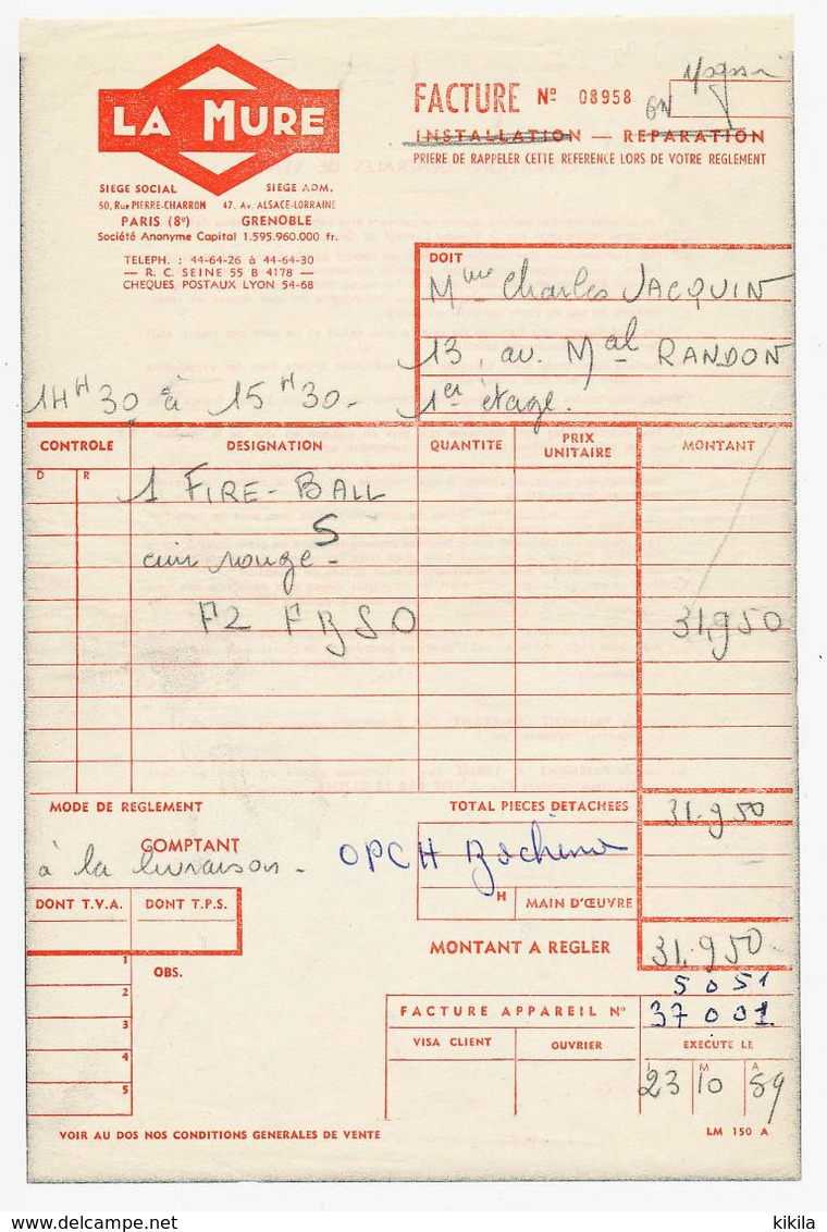 Facture Du 23 Octobre 1959 à En-tête De LA MURE à Grenoble Isère 38 - Elektriciteit En Gas