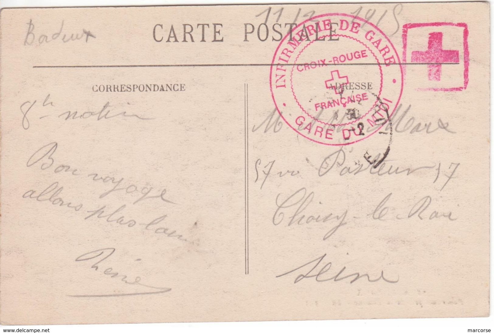 1915 Carte En Franchise Militaire CROIX-ROUGE Française INFIRMERIE DE GARE (DU MIDI) Bordeaux (vue De La Douane) - 1. Weltkrieg 1914-1918