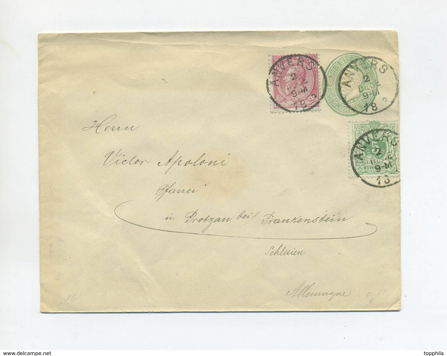 1889 Belgien 10 Ct Ganzsache Mit Zusatzfrankatur 5 Ct Und 10 Ct Nach Schlesien - Letter Covers