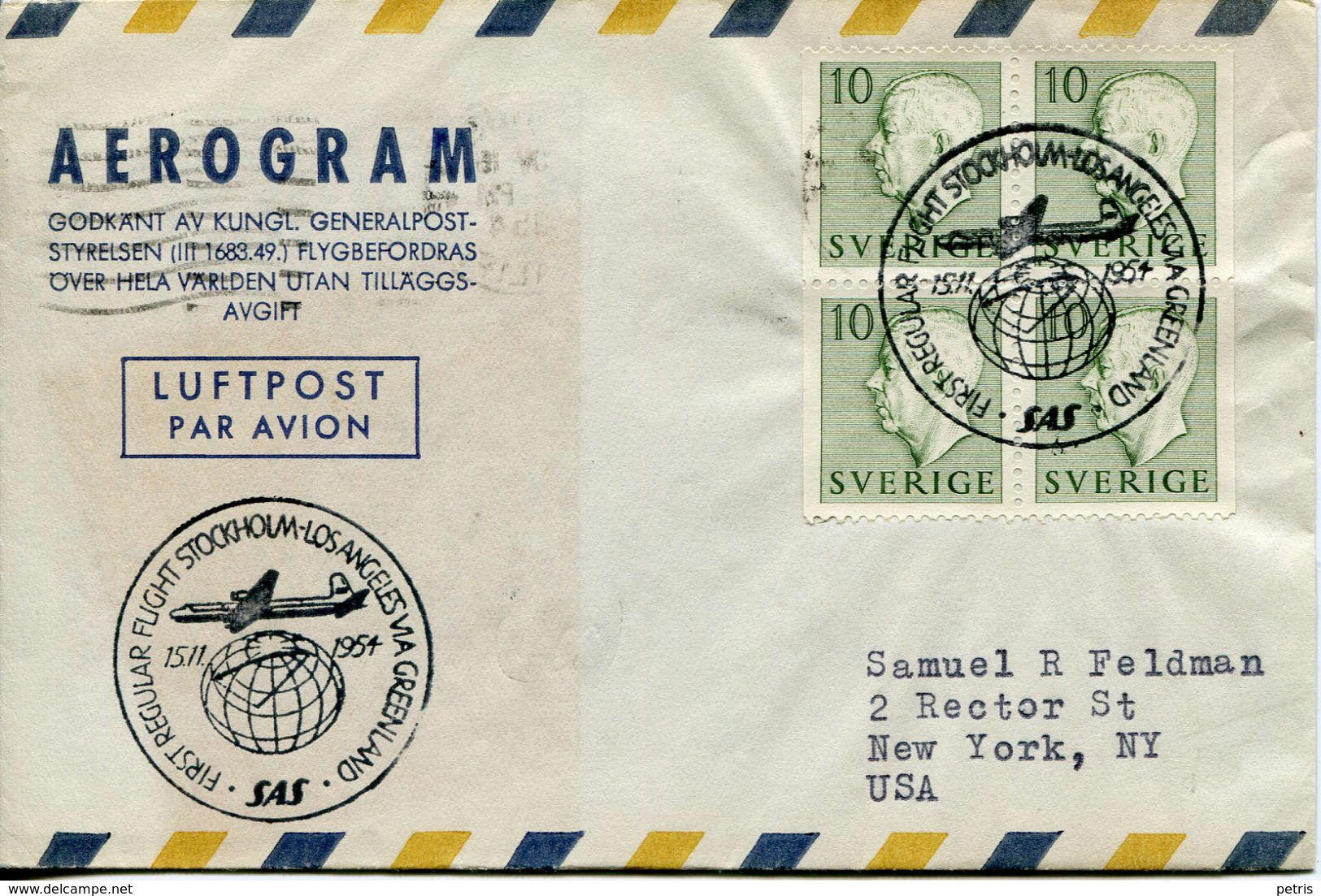 Sverige 1954 Aerogram SAS First Flight Stokholm Los Angeles Via Greenland - Lot. 503 - Variétés Et Curiosités