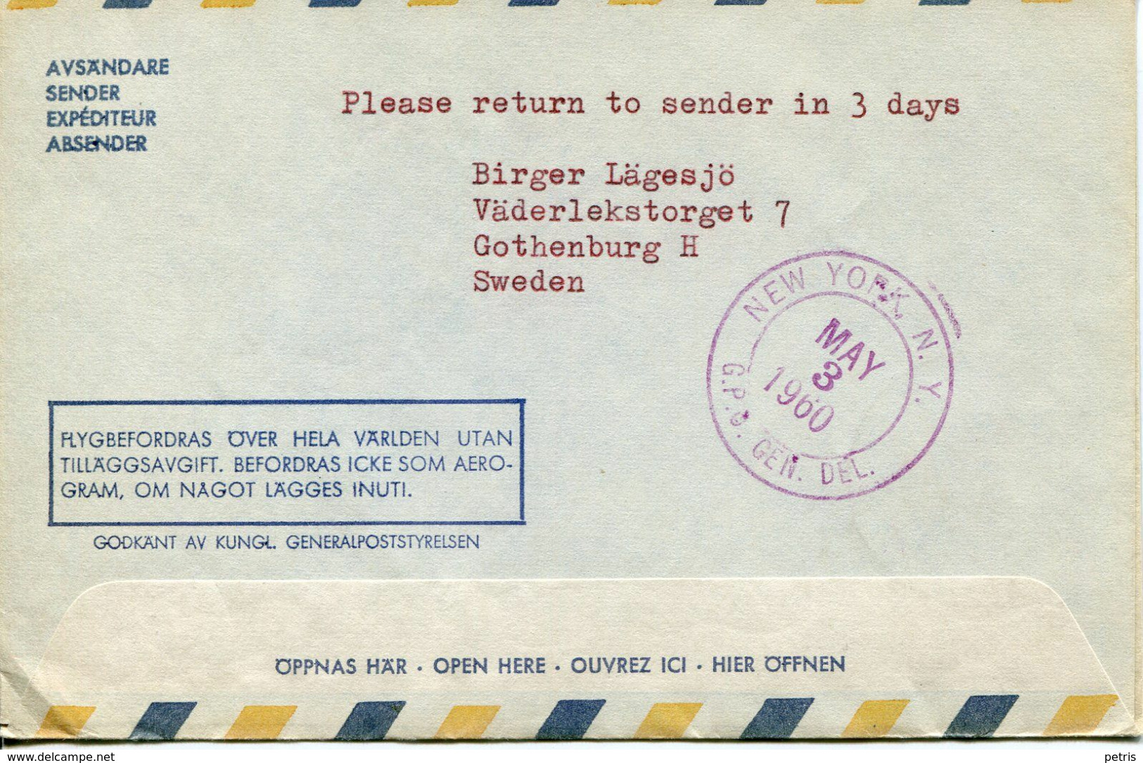 Sverige 1960 Aerogram  First Flight Jet Scandinavia New York - Lot. 504 - Abarten Und Kuriositäten