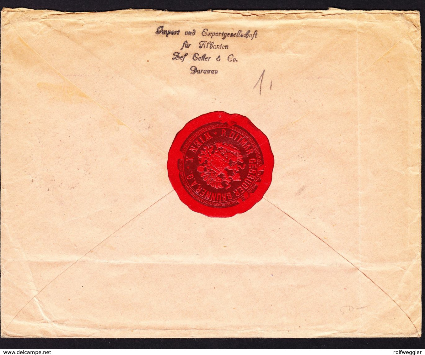 1928 Gefallteter R-Brief Aus Durazzo Nach Wien, Frankiert Mit 2 überdruckten Marken Zusätzlich Rotes Kreuz. - Albanie