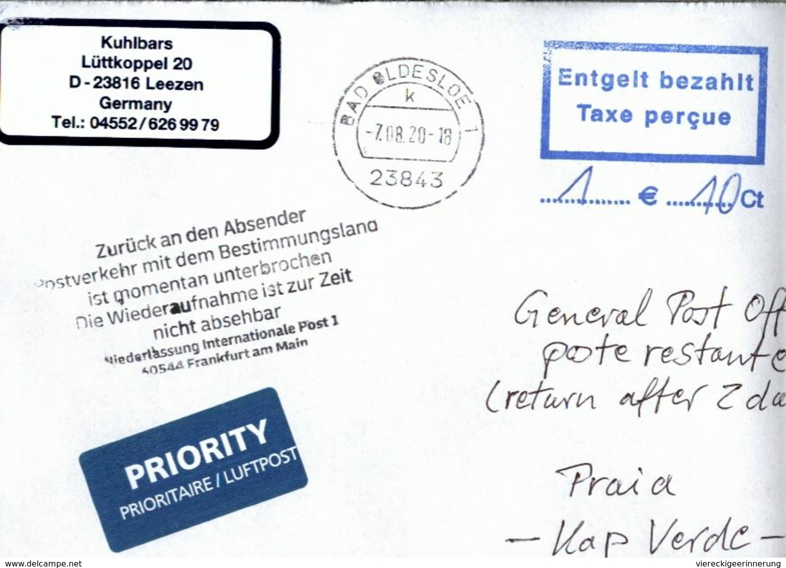 ! 2020 Germany Cover (7.8.) Kap, Cabo Verde Islands, Interruption Postal Service COVID-19, Antwortschein, Reply Coupon - Isola Di Capo Verde