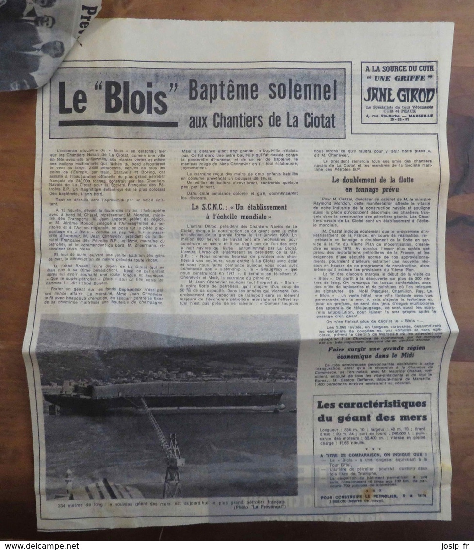 LA CIOTAT (13)- LANCEMENT DU PÉTROLIER GÉANT « BLOIS »- ARTICLE LE PROVENÇAL DU 31/10/1970- - Other & Unclassified