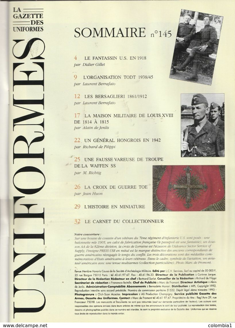 Revue LA GAZETTE DES UNIFORMES N° 145 Année 1993 (voir Description) - Francese