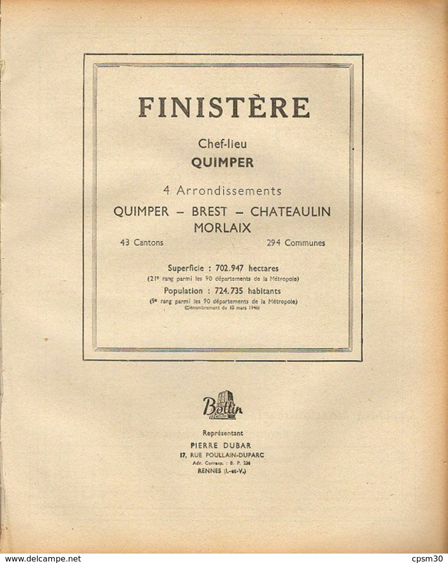 ANNUAIRE - 29 - Département Finistère - Année 1948 - édition Didot-Bottin - Telephone Directories