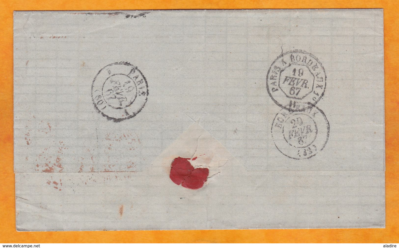 1867 - Enveloppe Pliée D'Amsterdam, Pays Bas Vers Bordeaux, France - Entrée Par Valenciennes  - Cad Transit & Arrivée - Covers & Documents