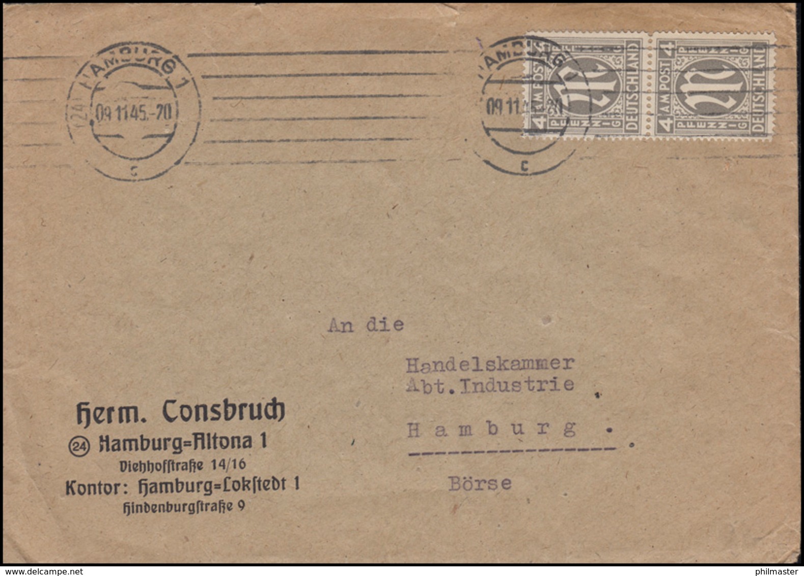 AM-Post 4 Pf. MeF Auf Orts-Brief HAMBURG 9.11.45 An Die Handelskammer - Altri & Non Classificati