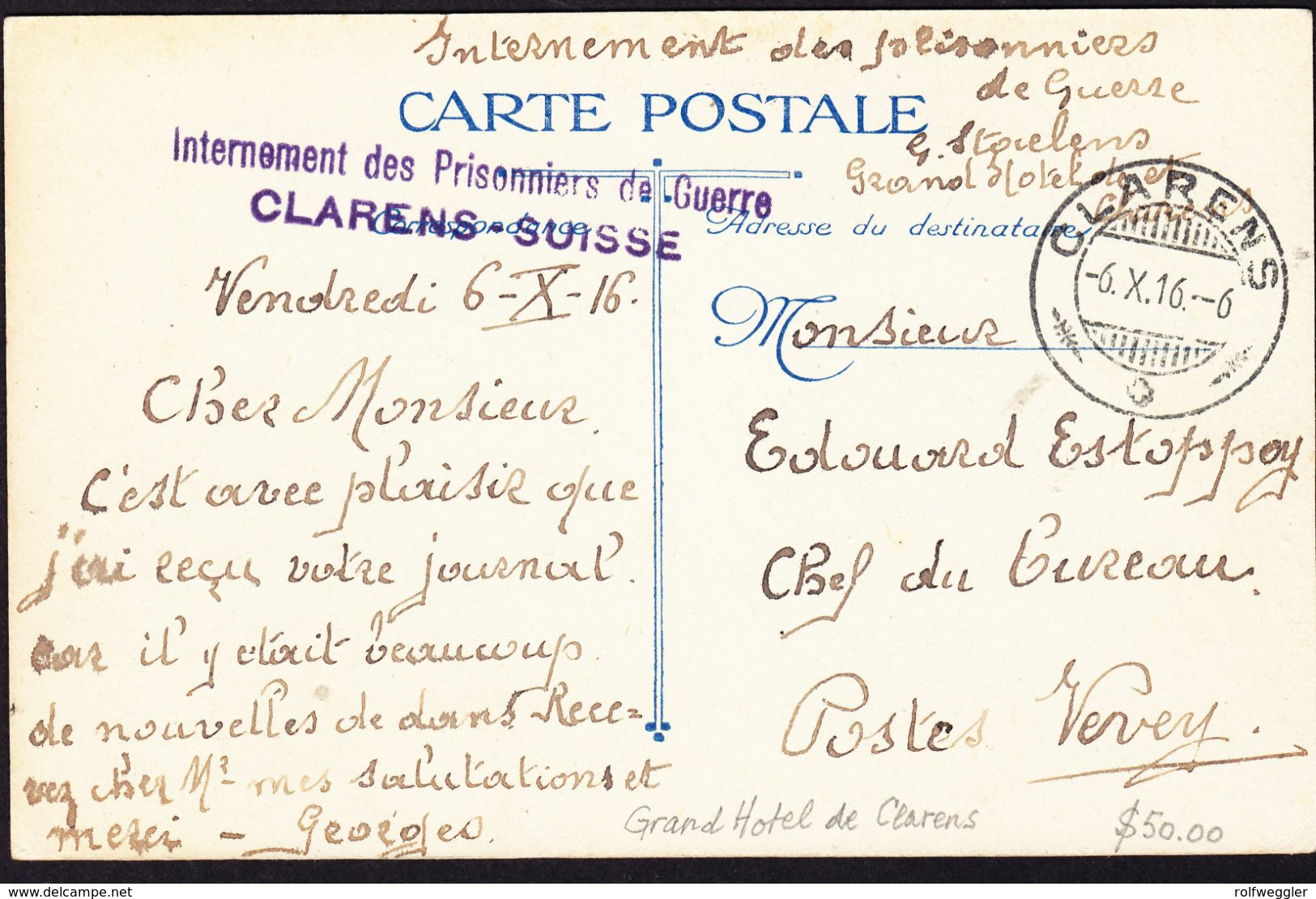 1916 AK General Leman Mit Internierten Stempel Clarens, Kriegsgefangenen Lager Nach Vevey. - Postmarks