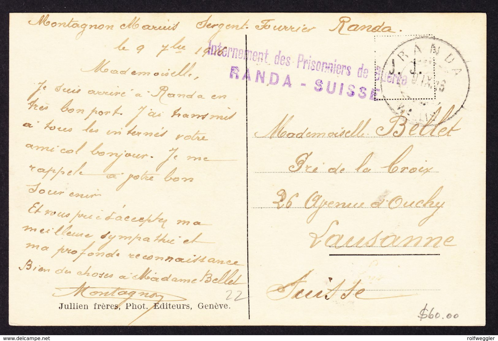 1916 AK Gornergrad Mit Internierten Stempel Randa, Kriegsgefangenen Lager Nach Lausanne. . - Abstempelungen