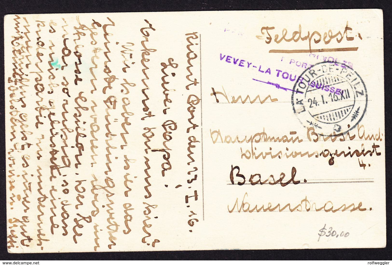 1916 AK Damenfoto Mit Internierten Stempel Vevey-La Tour, Kriegsgefangenen Lager Nach Basel . - Abstempelungen