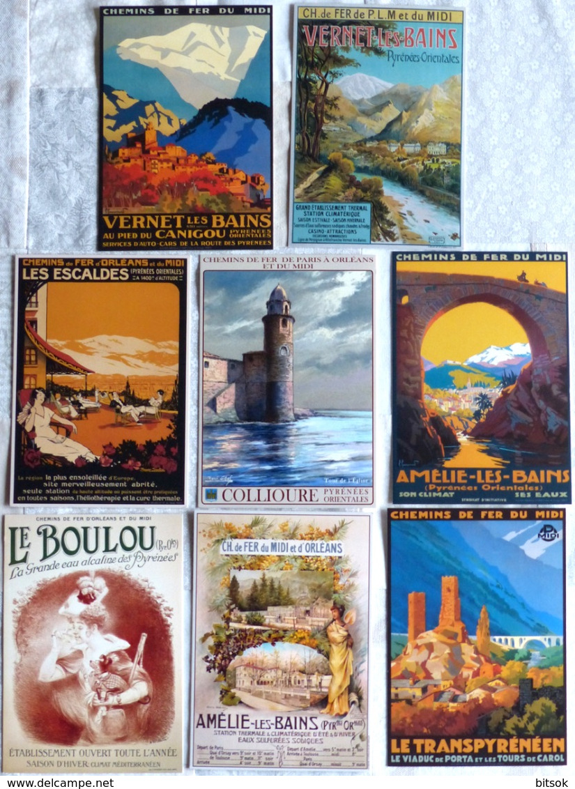 Lot De 8 CPM Publicitaires Du CHEMIN De FER Du MIDI ...Amélie Les Bains, Collioure, Le Boulou, Vernet Les Bains .... - Altri & Non Classificati