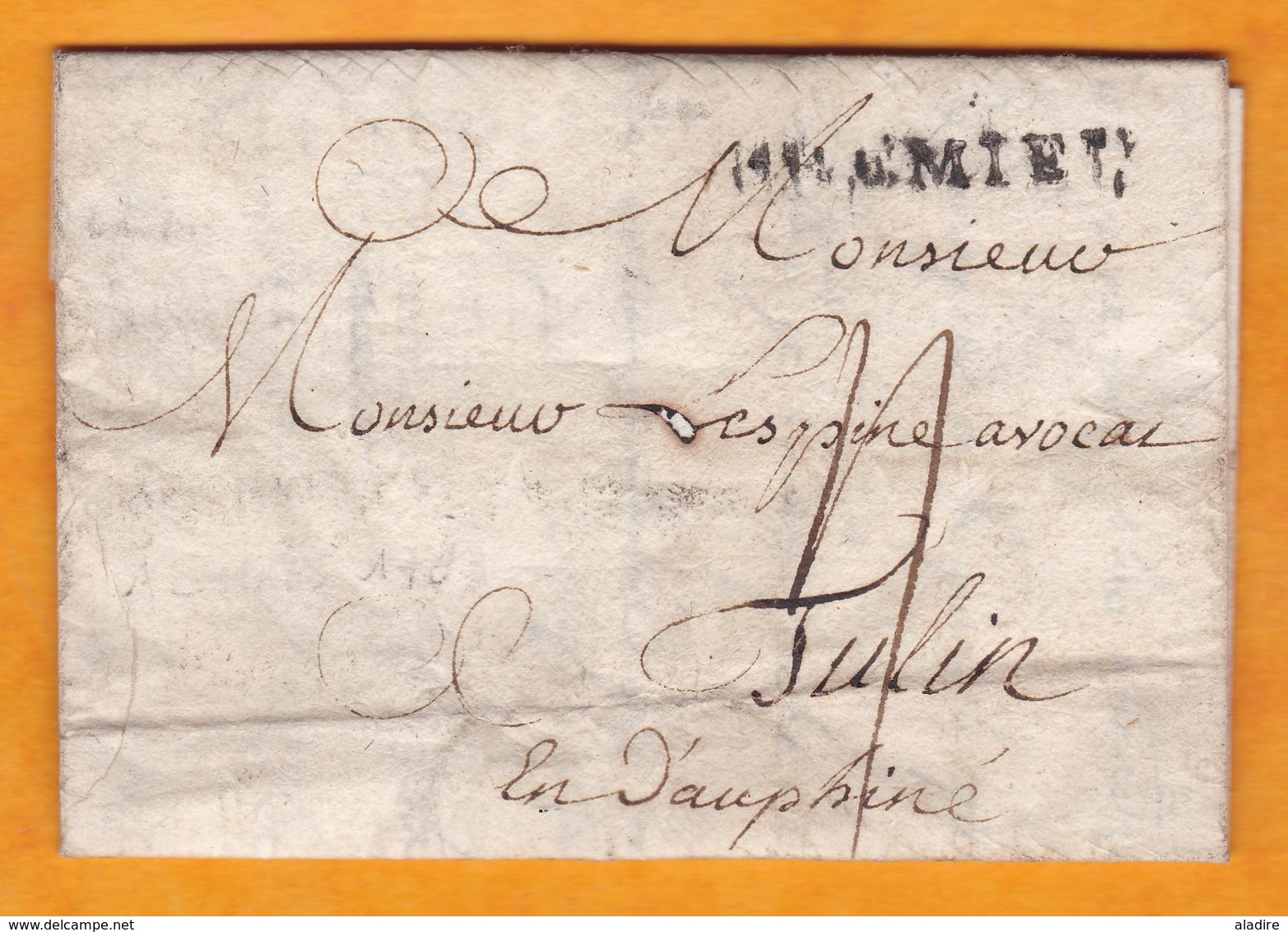 1769 - Marque Postale CREMIEU - 4 X 32 Mm - Sur LAC De 2 Pages Vers TULIN Tullins, Isère - 1701-1800: Vorläufer XVIII