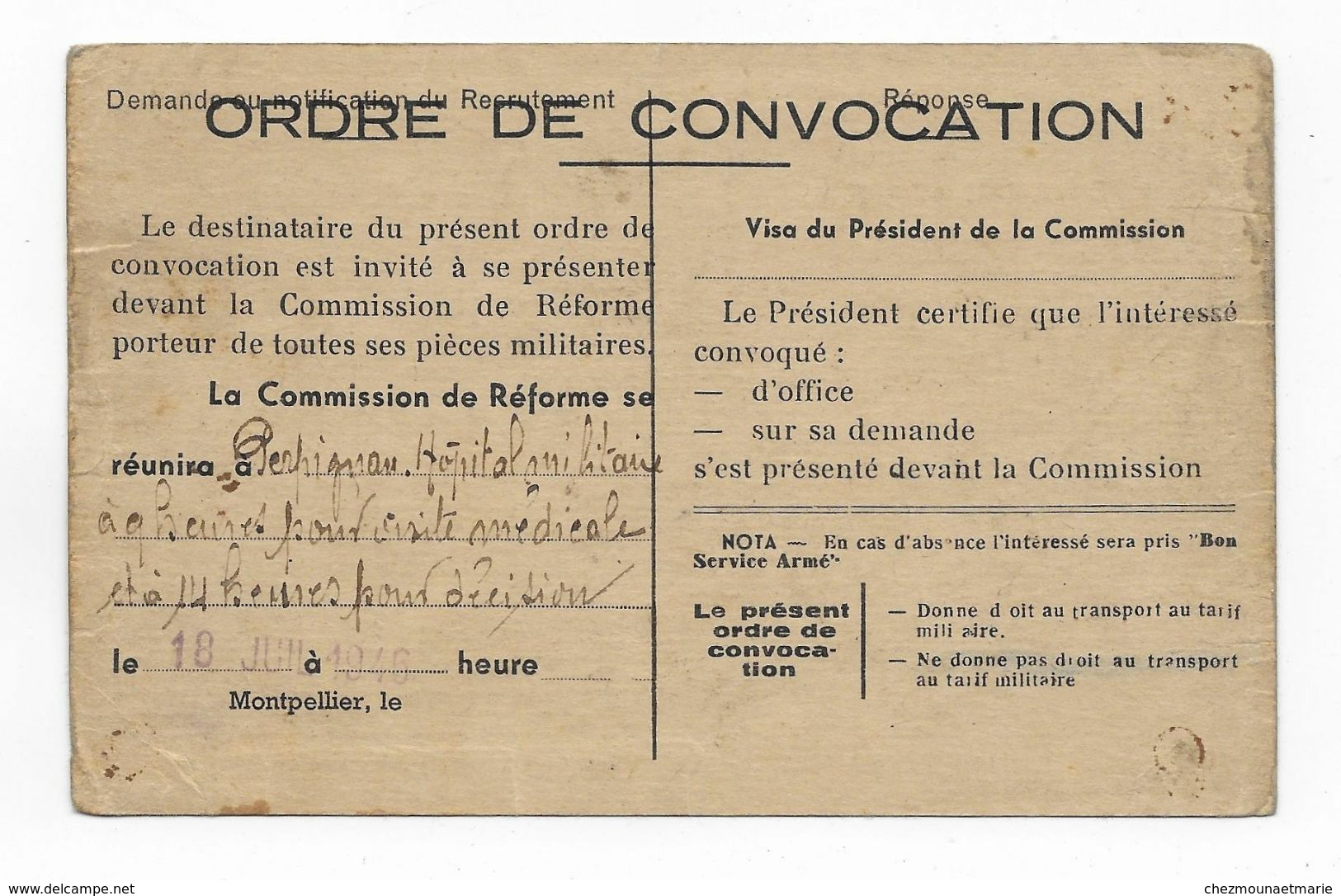 SERVICE MILITAIRE COBO ANTOINE PERPIGNAN BUREAU MONTPELLIER ORDRE CONVOCATION VISITE MEDICALE 1946 HOP MILITAIRE - Documenti