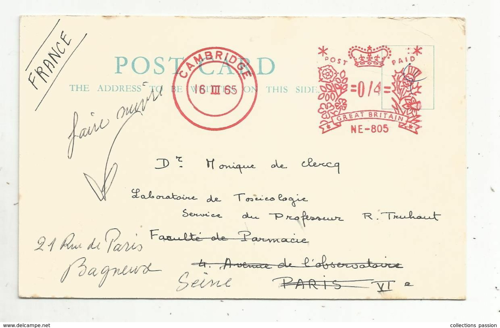 JC, Carte Postale,  EMA , Grande Bretagne ,CAMBRIDGE ,  1965 ,university De CAMBRIDGE , Department Of Physics - Machines à Affranchir (EMA)