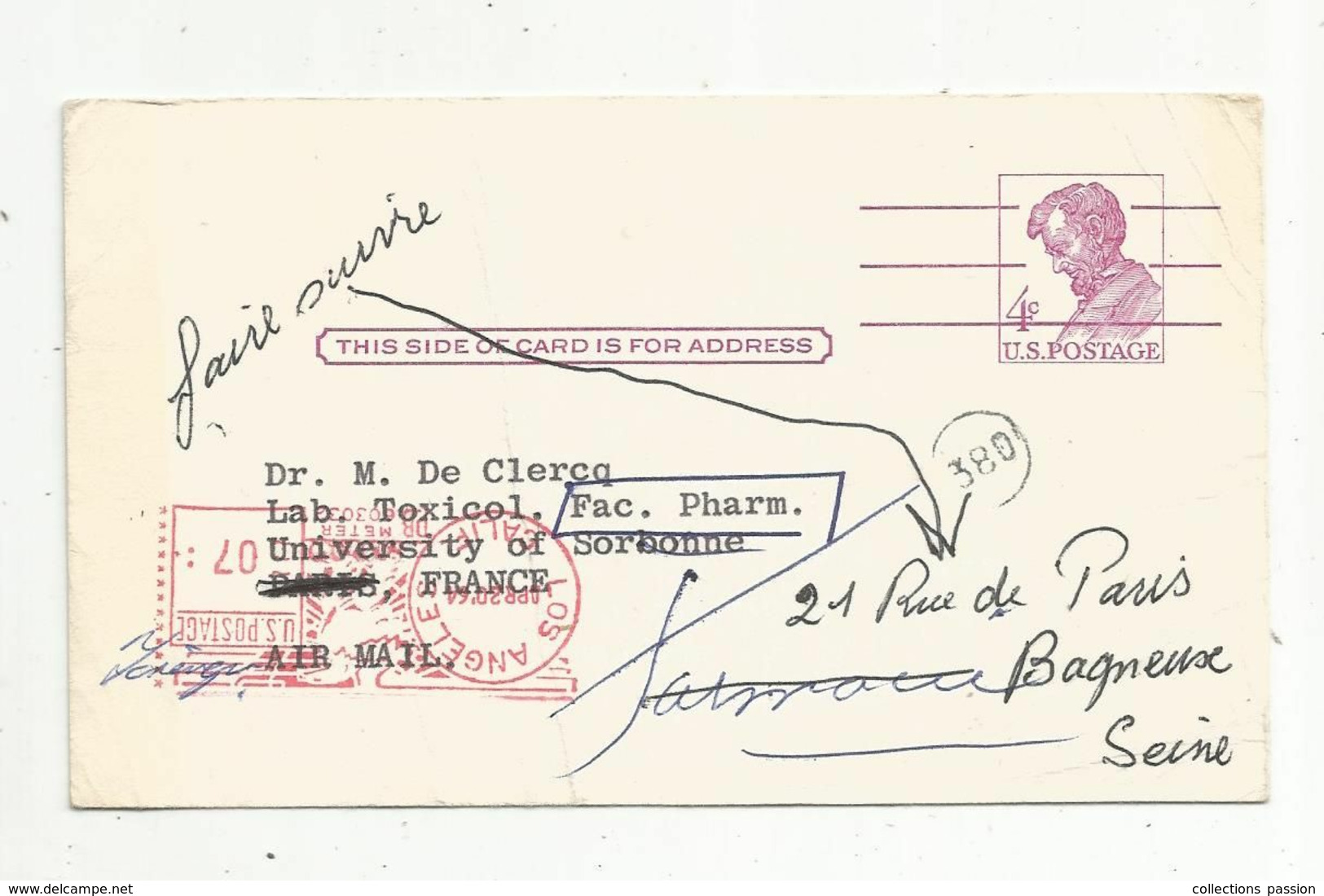 JC, Carte Postale, Entier Postal, EMA , Etats Unis , LOS ANGELES ,1964, Hematology Research Laboratories ... - 1961-80