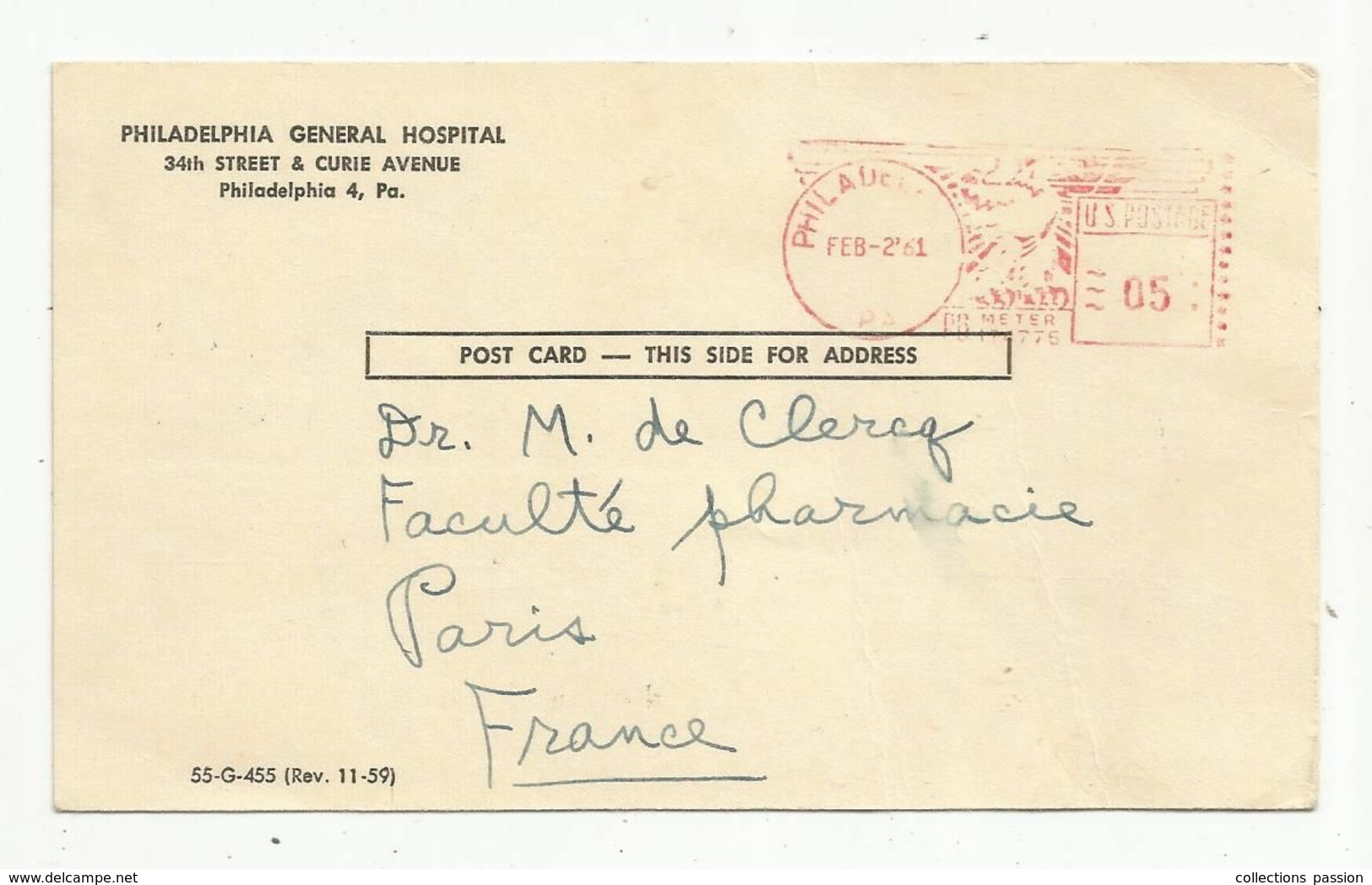 JC, Carte Postale, EMA , Etats Unis , PHILADELPHIA ,1961, Philadelphia GENERAL HOSPITAL - Storia Postale