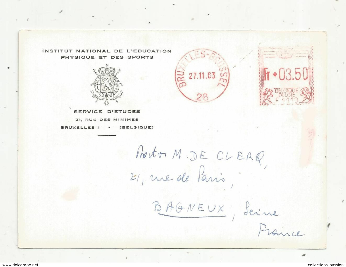 JC, Carte Postale,  EMA , Belgique, Bruxelles-Brussel, 1963 ,institut National De L'éducation Physique Et Des Sports - Autres & Non Classés