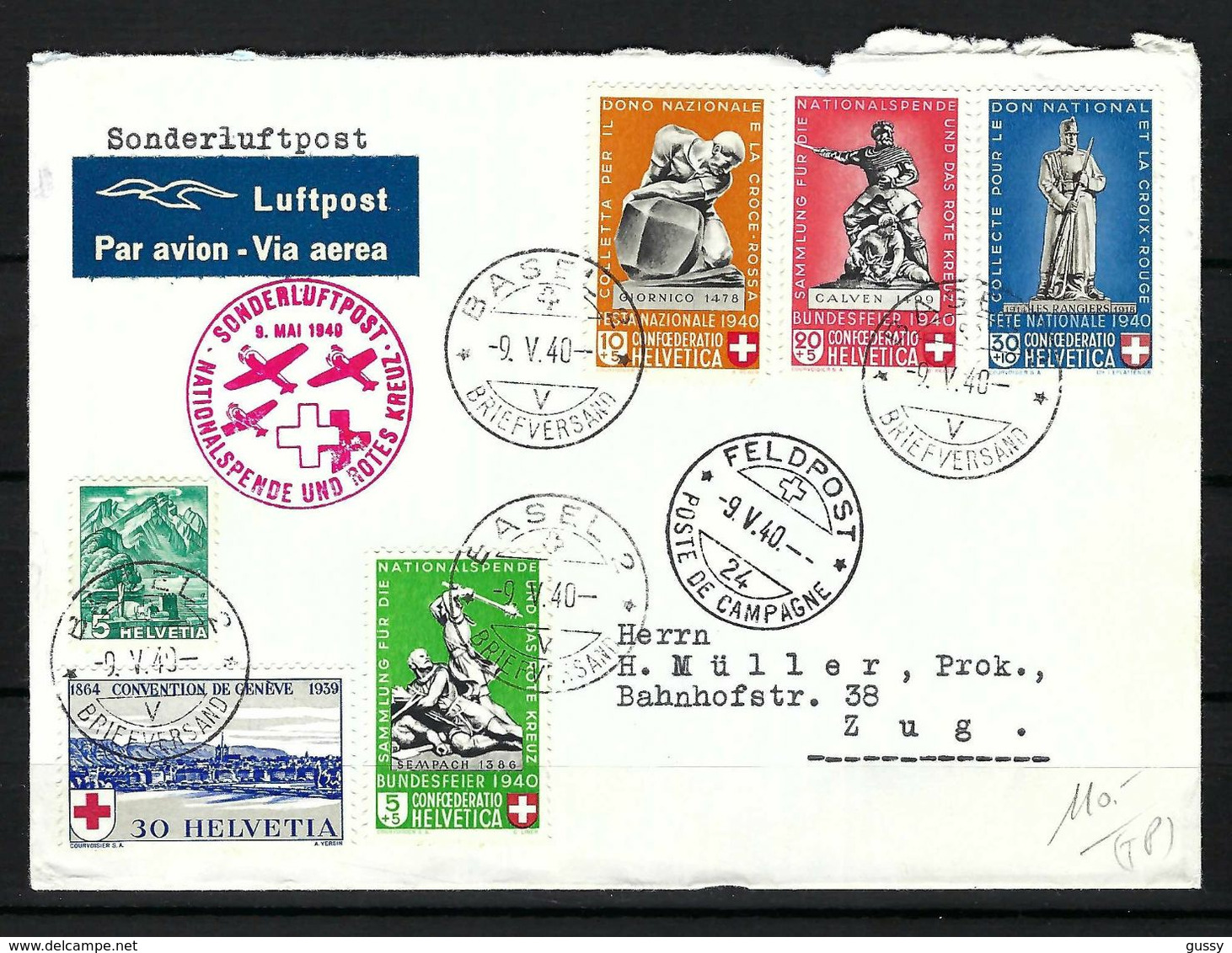 SUISSE Poste Aérienne 1940: LSC De Bâle Pour  Zug Avec Les ZNr. B3,B4,B5c,B6, 202,241, Obl. CAD Spéciales - Used Stamps