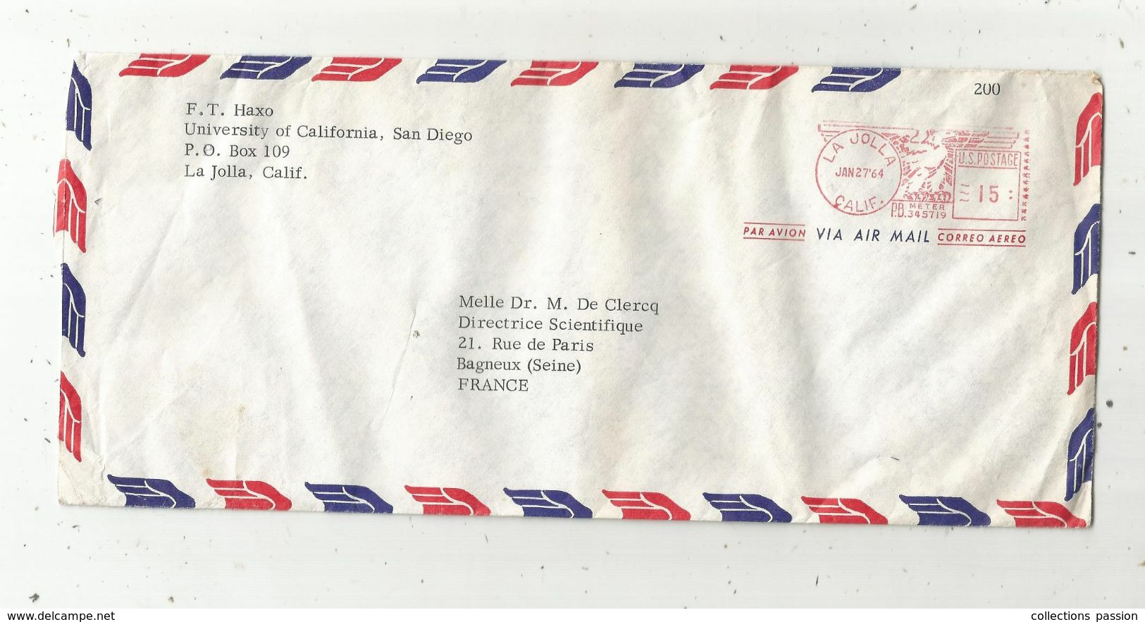 JC, Lettre,  EMA , Etats Unis , LA JOLLA ,CALIF. , 1964 , F.T. UNIVERSITY OF CALIFORNIA , San Diego, Frais Fr 1.55 E - Poststempel