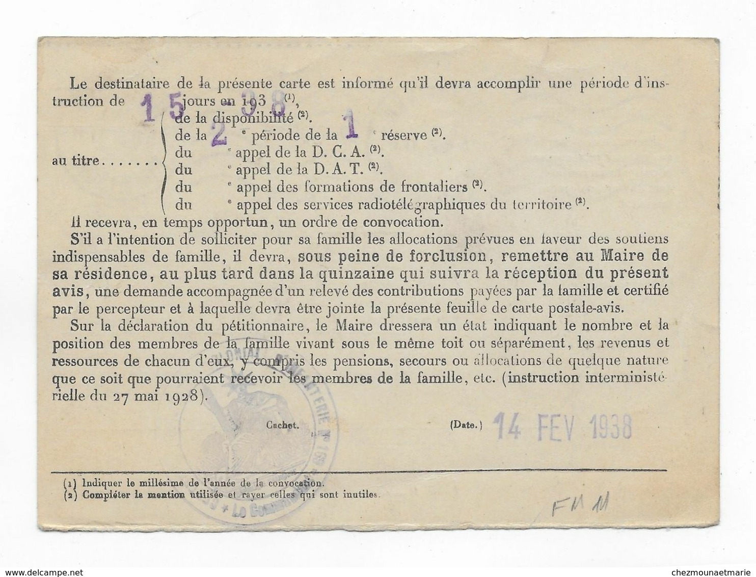 1938 PERPIGNAN BOYER JEAN BOULANGER PERIODE INSTRUCTION RESERVE CP AVIS - Documenti
