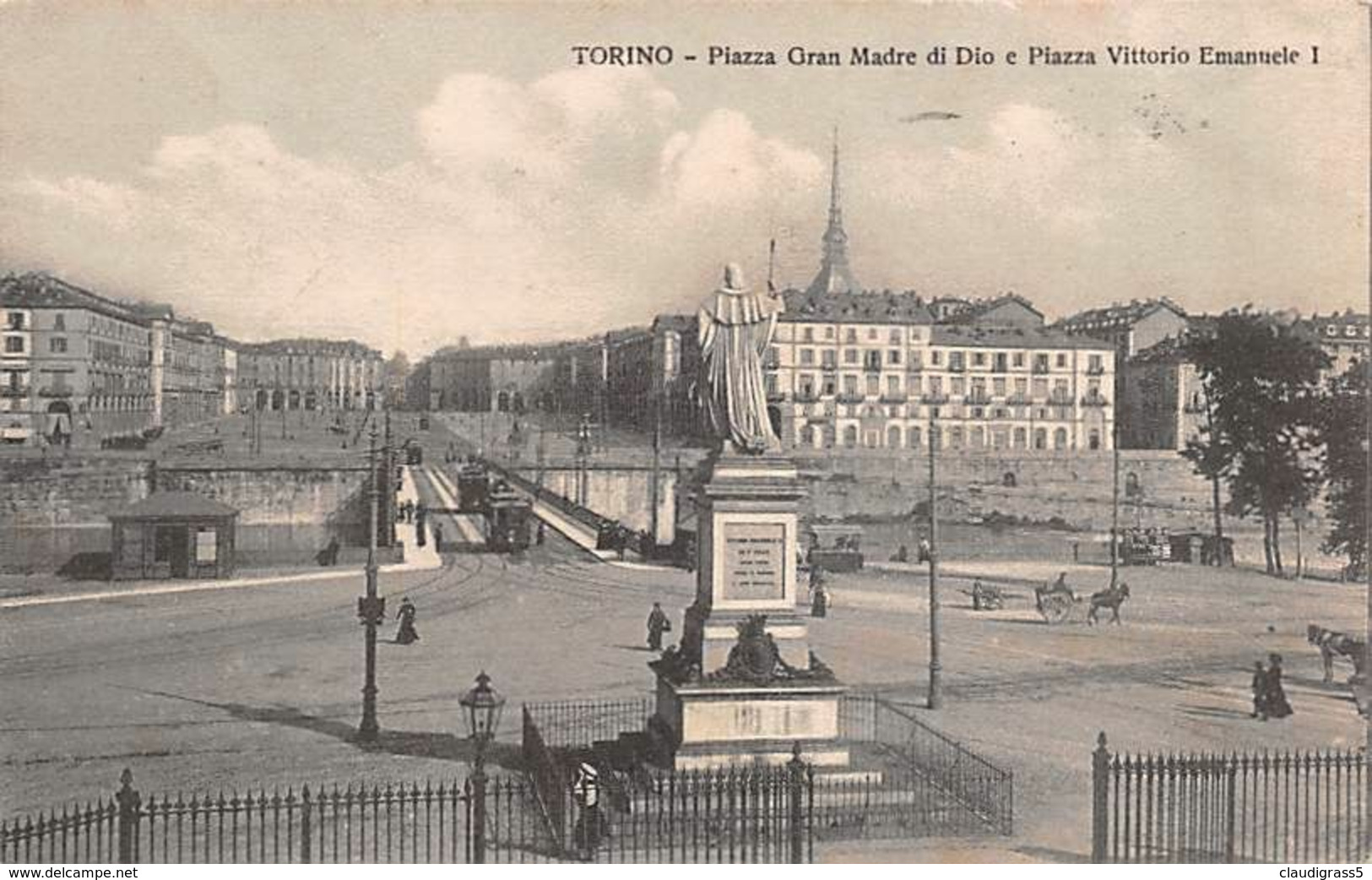 1445 " TORINO-PIAZZA GRAN MADRE DI DIO E PIAZZA VITTORIO EMANUELE " 1912 CARTOLINA ORIG - Places & Squares