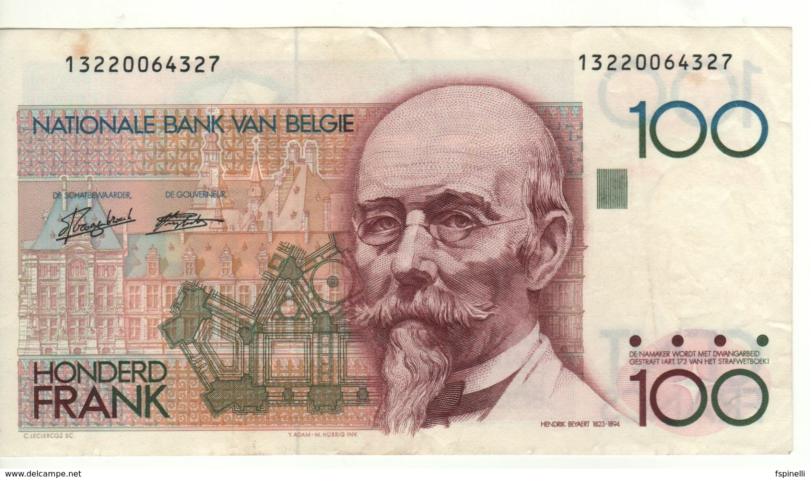 BELGIUM   100 Francs P142   (Hendrik Beyaert, Architectural Design)  ND  1982-94 - 100 Francs